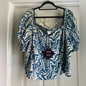 NEW Ava & Viv Blue and White Swirl Blouse SIZE 2X 100% COTTON